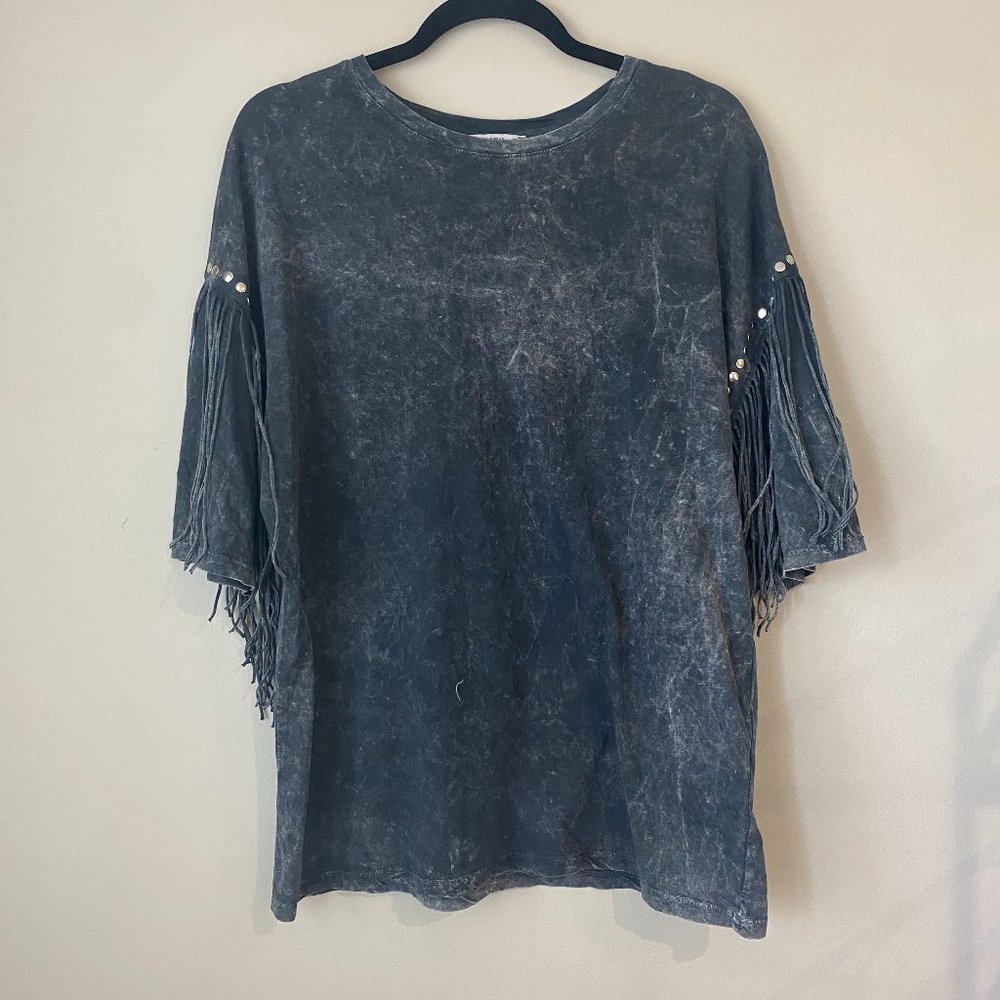 Gray Tie-Dye Oversized Shirt with Fringes